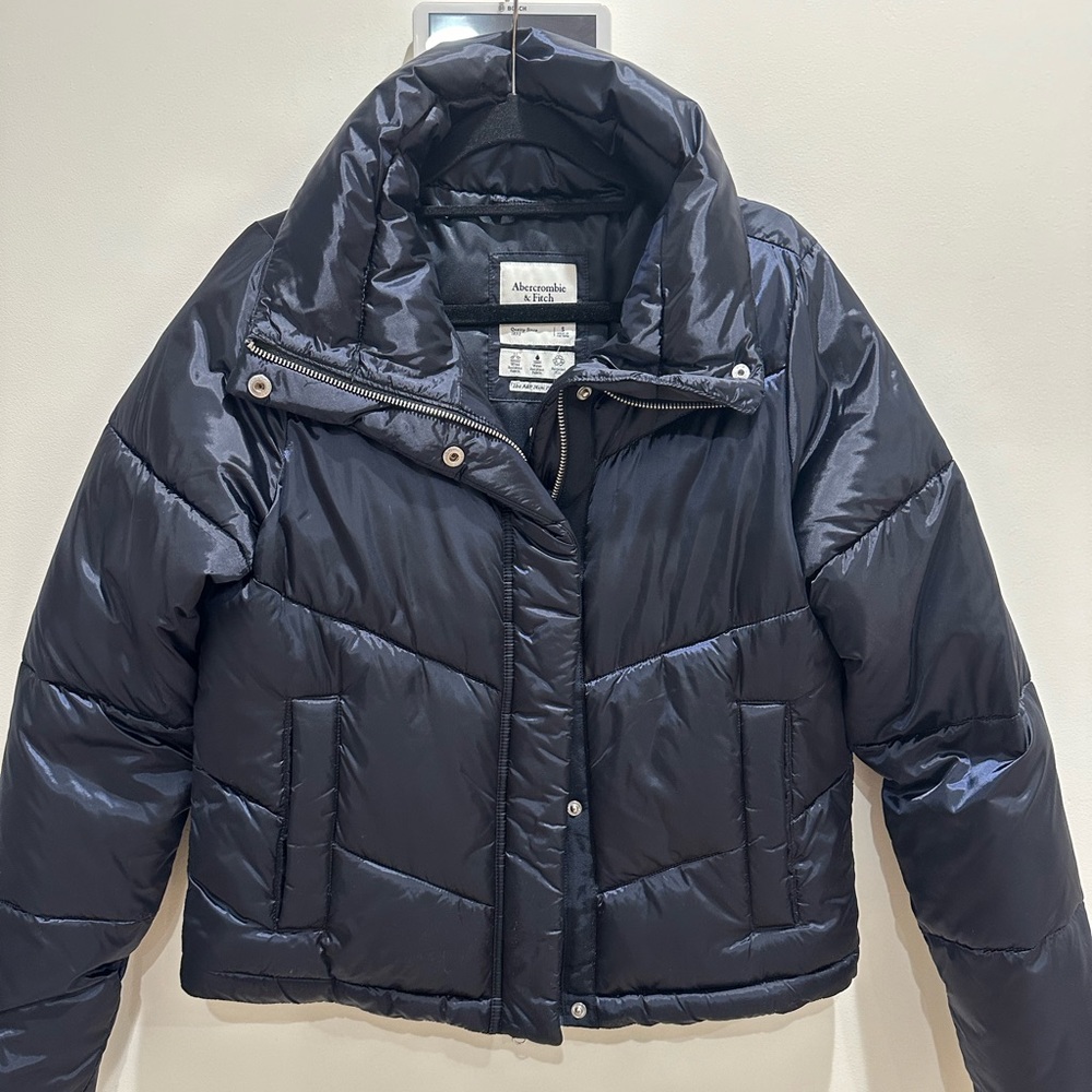 NWT Abercrombie & Fitch Black Shine Mini Puffer Coat Jacket Size Small